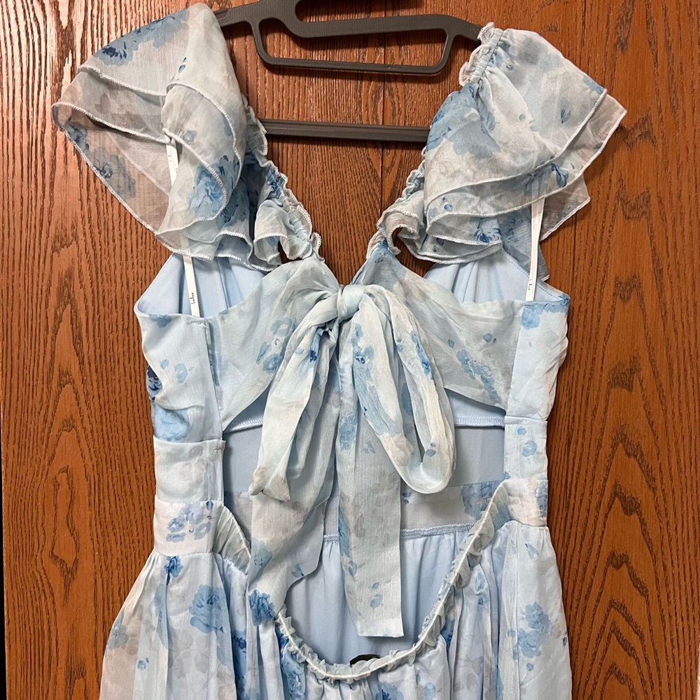 NWT Light Blue Lulus Loveliest Darling Dress XL Floral Ruffled Tie-Back Midi - Picture 14 of 16